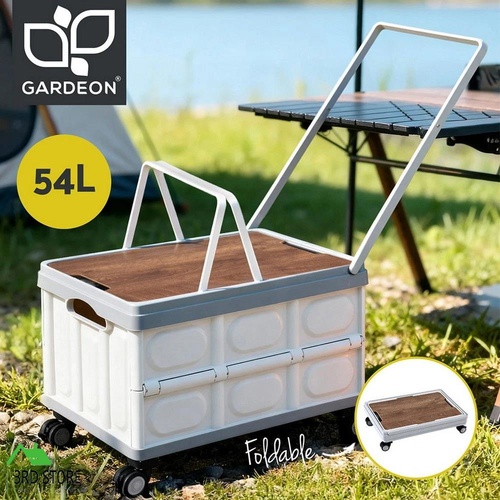 Gardeon Collapsible Outdoor Storage Box 54L Stackable Folding Camping Organizer Wheels Plywood Lid Beige