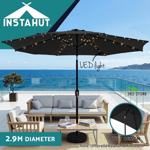 Instahut Outdoor Umbrella 2.9m Market Umbrella with String Light Tilt Black