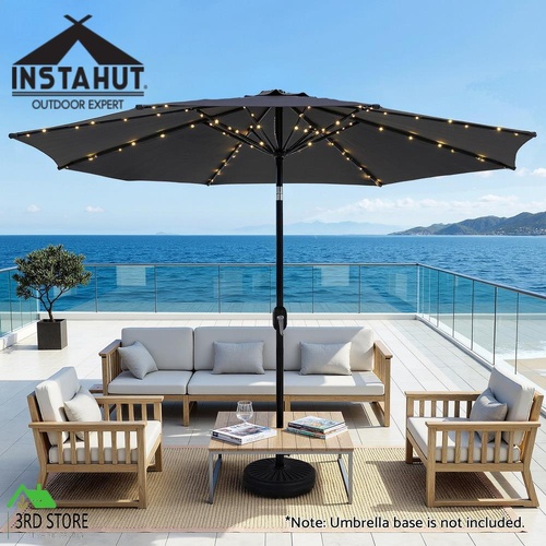 Instahut Outdoor Umbrella 2.9m Market Umbrella with String Light Tilt Charcoal Shade