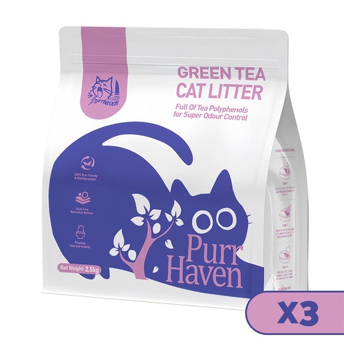 PurrHaven Green Tea Clumping Cat & Kitty Litter, 7.5kg (3 Pack),Dust Free,Natural Flusable,Easy to Clean,Odour Neutraliser,Rapid Liquid Absorption,Non