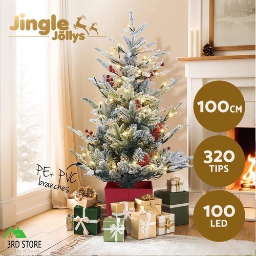 Jingle Jollys Christmas Tree 1M LED Potted Xmas Party Decor Red Barries Flocked