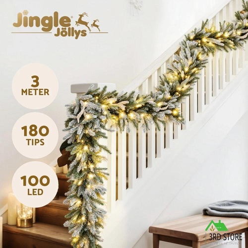 Jingle Jollys 3M Christmas Garland Pre-lit LED Lights Snow Frosted Tips Decor