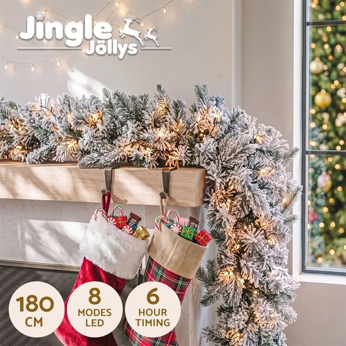 Jingle Jollys 1.8M Christmas Garland 8 Mode LED Snow Frosted Tips Auto Timing