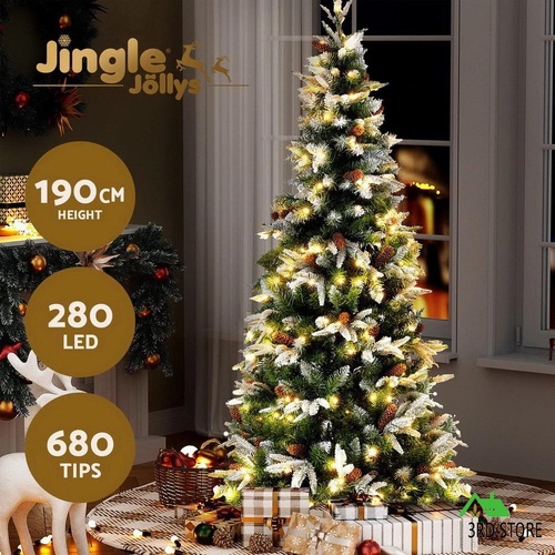 Jingle Jollys Christmas Tree 190cm Pine Cones LED Flocking Xmas Tree 680 Tips