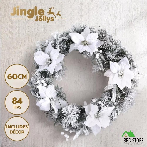 Jingle Jollys 60cm Christmas Wreath LED Lights Snowy Flowers Garland Party Decor