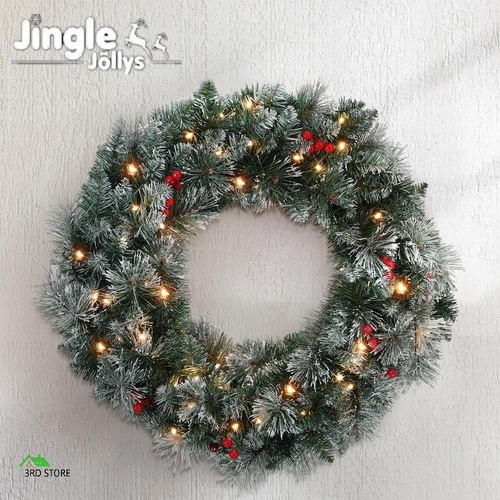 Jingle Jollys 60cm Christmas Wreath LED Lights Snowy Flowers Garland Party Decor