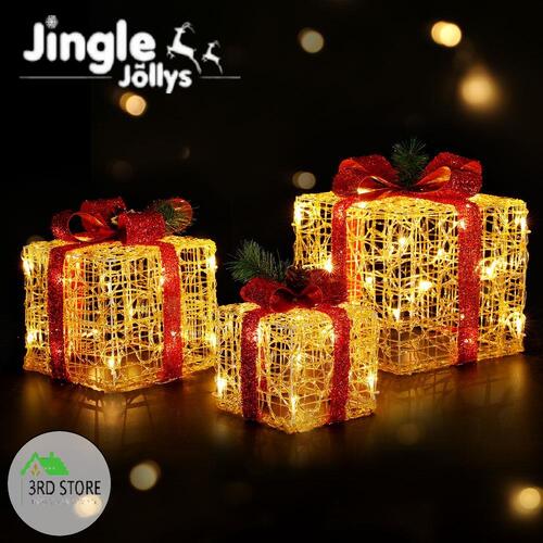 Jingle Jollys Christmas Lights LED Light Motif Reindeer 3PCS Gift Box Decor 3D