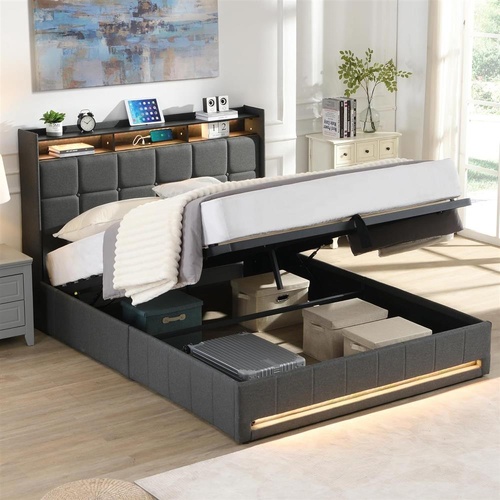 Double Bed Frame with Storage Gas Lift Bed Queen Size with Headboard, Upholster